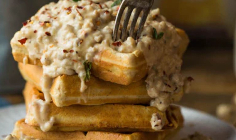 RECIPE: SAVORY CORNMEAL WAFFLES WITH GREEN CHILE AND SAUSAGE GRAVY